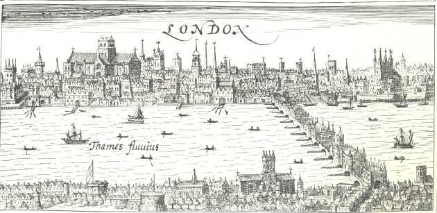 London in the year 1610, showing the Globe Theatre in the Foreground