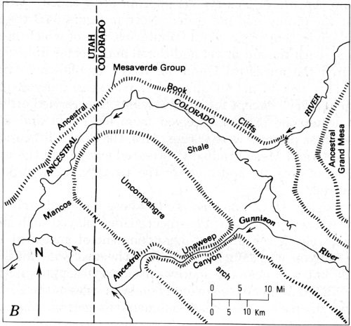 B, after piracy of ancestral Colorado River and just prior to piracy of ancestral Gunnison River