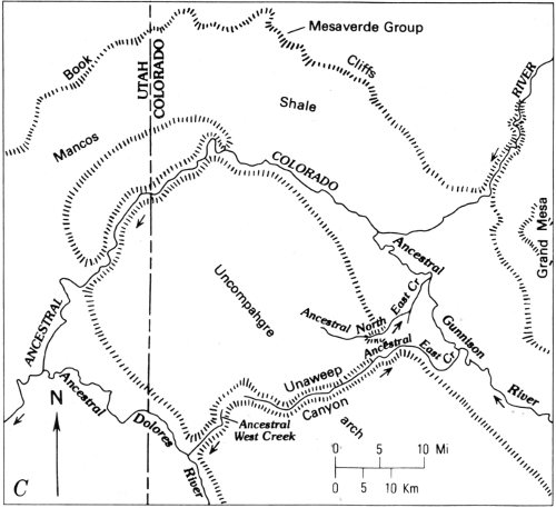 C, abandonment of Unaweep Canyon after renewed uplift of Uncompahgre arch and piracy of ancestral Gunnison River