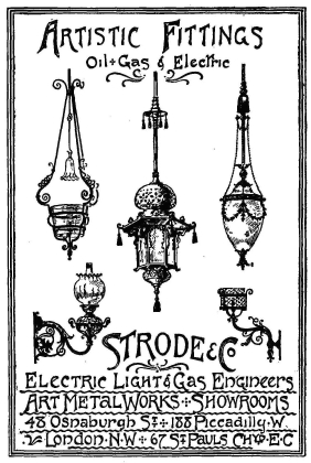 Artistic Fittings  Oil + Gas & Electric  STRODE & Co  Electric Light & Gas Engineers  Art Metal Works + Showrooms  48 Osnaburgh ST + 188 Piccadilly · W  London·N·W + 67 ST Pauls Chyp·E·C