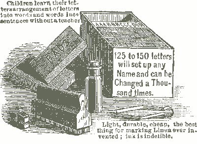 Children learn their letters, arrangement of letters            into words and words into sentences without a teacher.            125 to 150 letters will set up any Name and can be Changed a            Thousand times.            Light, durable, cheap, the best thing for marking Linen ever            invented; ink is indelible