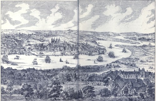 Image unavailable: Panorama of the Tower and Greenwich in 1543. By Anthony van den Wyngaerde.  102. Houndsditch. 103. Crutched Friars. 104. Priory of Holy Trinity. 105. Aldgate. 106. St. Botolph, Aldgate. 107. The Minories. 108. The Postern Gate. 109. Great Tower Hill. 110. Place of Execution. 111. Allhallow’s Church, Barking. 112. The Custom House. 113. Tower of London. 114. The White Tower. 115. Traitor’s Gate. 116. Little Tower Hill. 117. East Smithfield. 118. Stepney. 119. St. Catherine’s Church. 120. St. Catherine’s Dock. 121. St. Catherine’s Hospital. 122. Isle of Dogs. 123. Monastery of Bermondsey. 124. Says Court, Deptford. 125. Palace of Placentia.