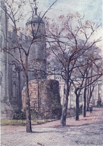 Image unavailable: PART OF A BASTION OF OLD LONDON WALL, WITH CLOCK TOWER OF THE WHITE TOWER