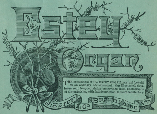 Estey Organ The excellences of the ESTEY ORGAN may not be told in an ordinary advertisement. Our Illustrated Catalogue, sent free, containing engravings from photographs of elegant styles, with full description, is more satisfactory  J:Estey & Co Brattleboro Vt.