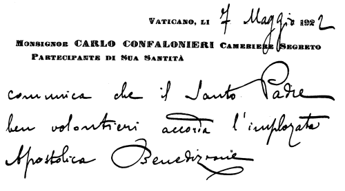 La Señorita RAQUEL ADLER recibió de S. S. el Papa Pió XI, estas líneas en contestación a varios versos que oportunamente le enviara.