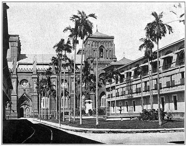 Plaza Benavides, with the statue of Benavides in the center. The University of Santo Tomas is on the left. The Dominican Church in the background