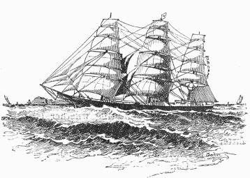 The Northern Light, Captain Joshua Slocum, bound for Liverpool, 1885. Drawn by W. Taber.