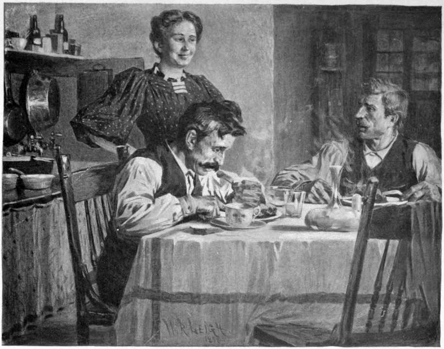 Two men are sitting and eating at a dining room table. A smiling woman watches over them.