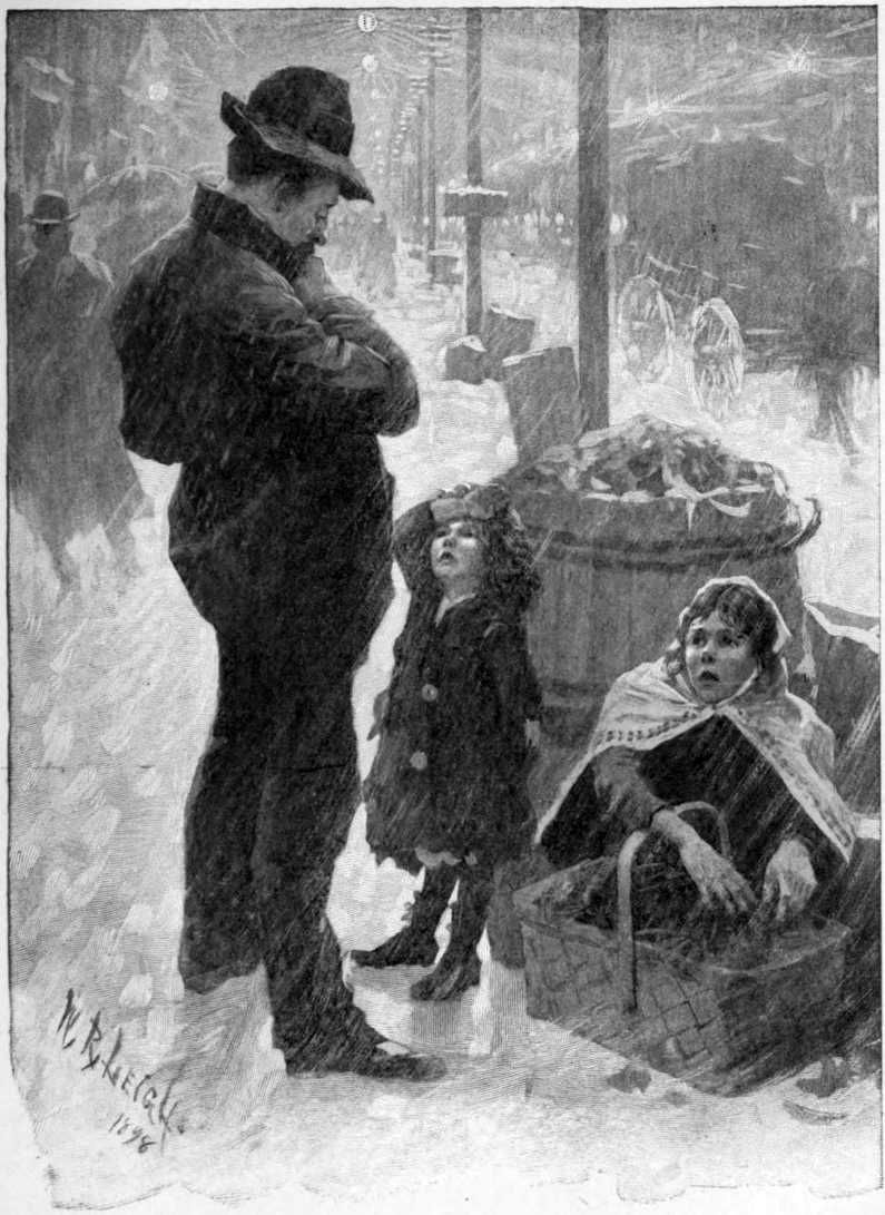 A street scene where it is raining. An adult man is looking down at two children with a basket.