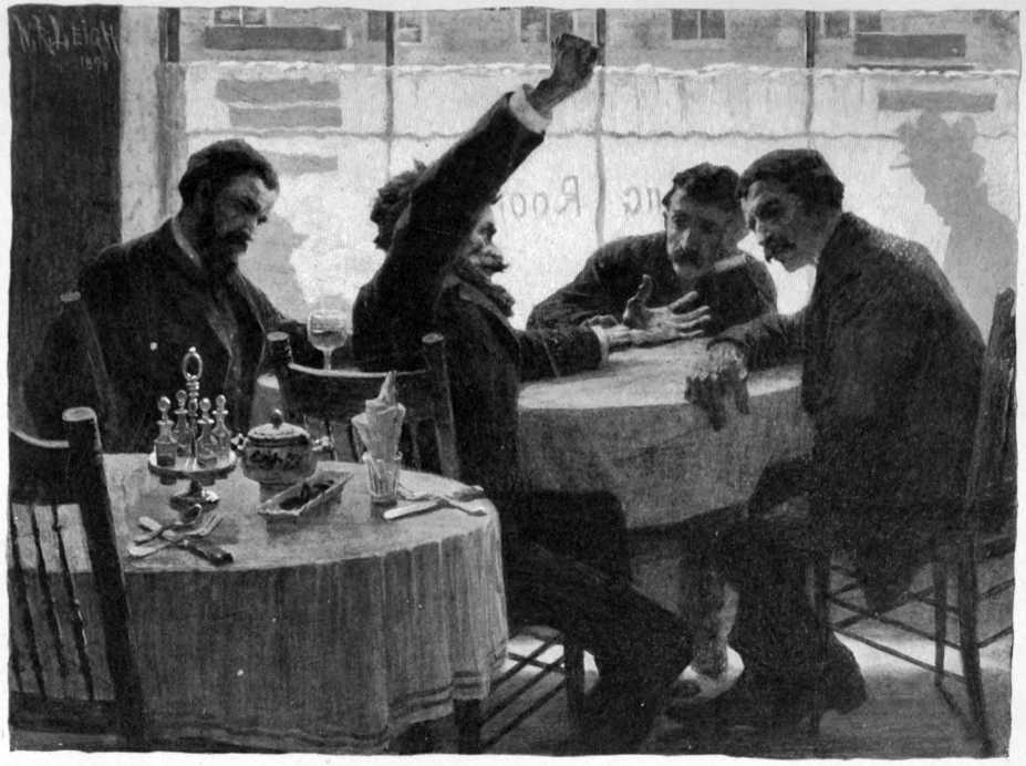 Four men gathered around a table. One man is expounding to the others.