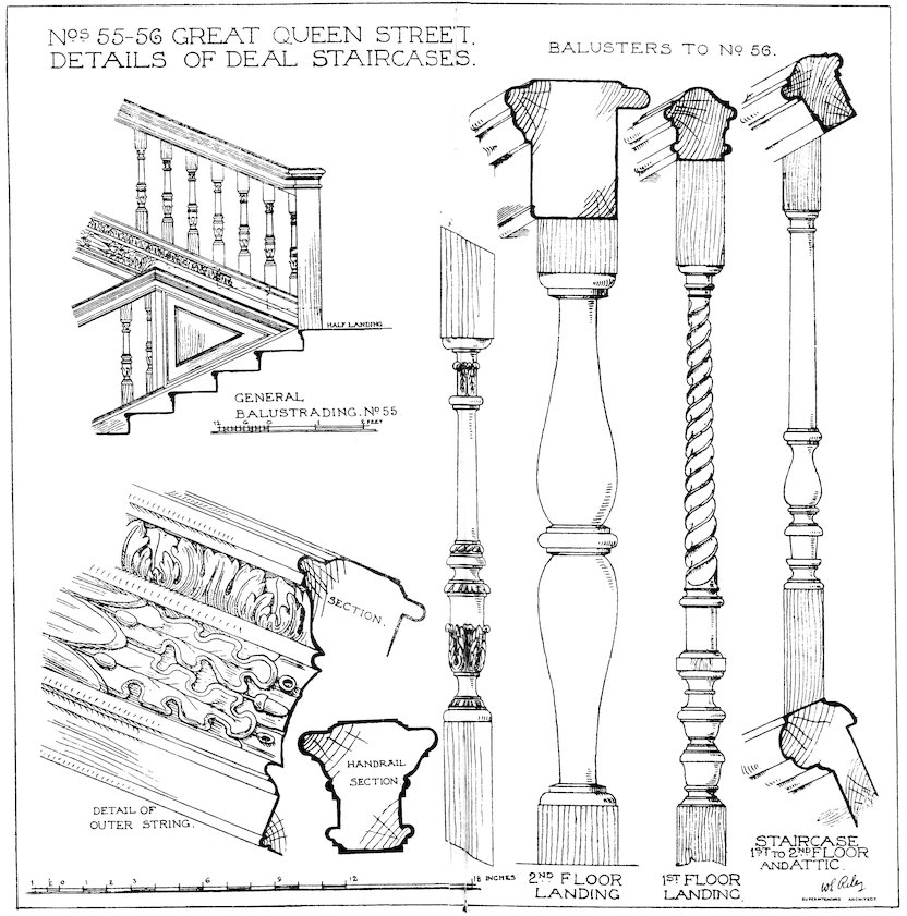 N<sup>os</sup>. 55–56 GREAT QUEEN STREET. DETAILS OF DEAL STAIRCASE.