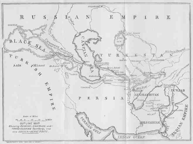 OUTLINE MAP Showing RUSSIAN-CAUCASIAN and TRANS-CASPIAN Territory, and NEW ODESSA-HERAT ROUTE.