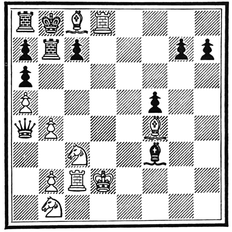 A chess-board diagram. Black is down a bishop, both knights, and two pawns. White is down five pawns and the queen. Neither player is in check; however, the Black king cannot move, being surrounded by its own pieces as well as a White bishop.