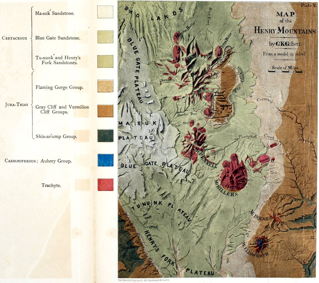 Plate V. MAP of the HENRY MOUNTAINS by G.K. Gilbert. From a model in relief.