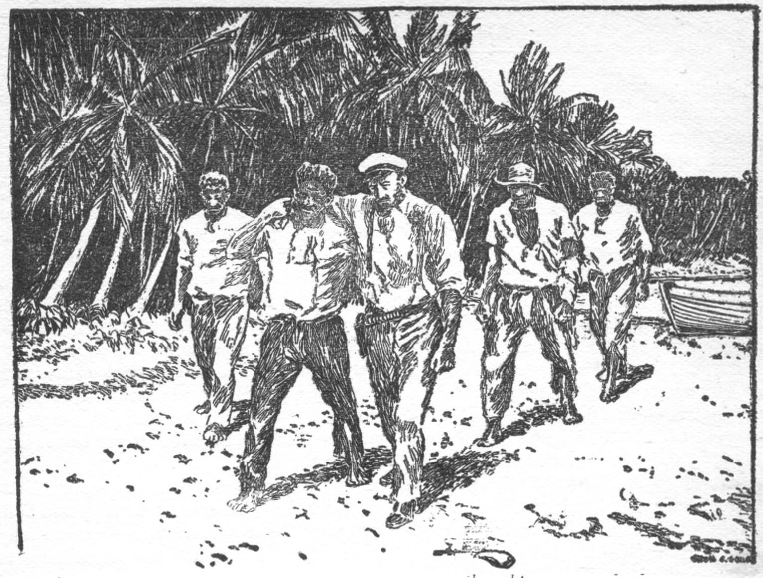 men walking on the sand; one injured