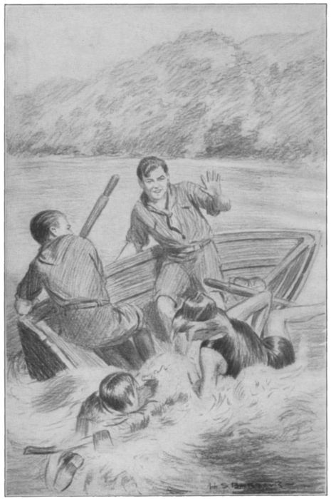 two boys climbing into boat