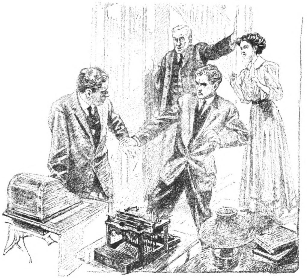 Two young men are in a small       room, standing before two typewriters, one covered. The young       man on the right angrily grabs the other’s arm to pull him away.       Behind them a young woman watches nervously. An older man is at       the door, leaning on the door frame and looking upset.