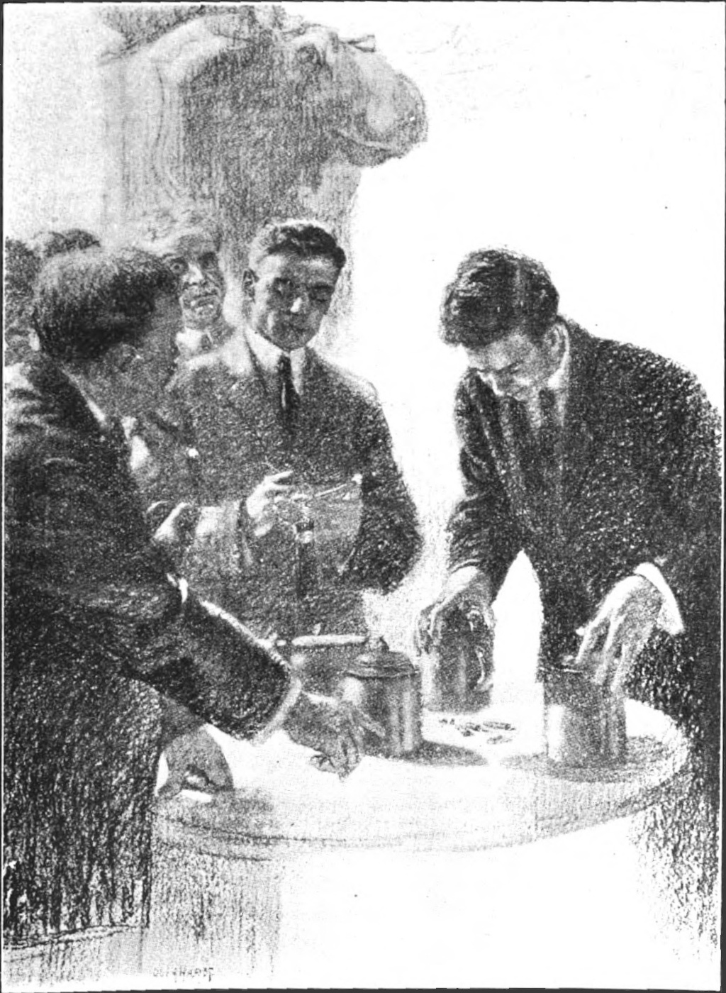 In a trophy-room three men stand       around a small round table, one writing in a notebook. On the       table are several large lidded steins and a small pile of       shotgun shells. The man on the right is carefully lifting two of       the steins. Several men stand further back and watch over the       proceedings.