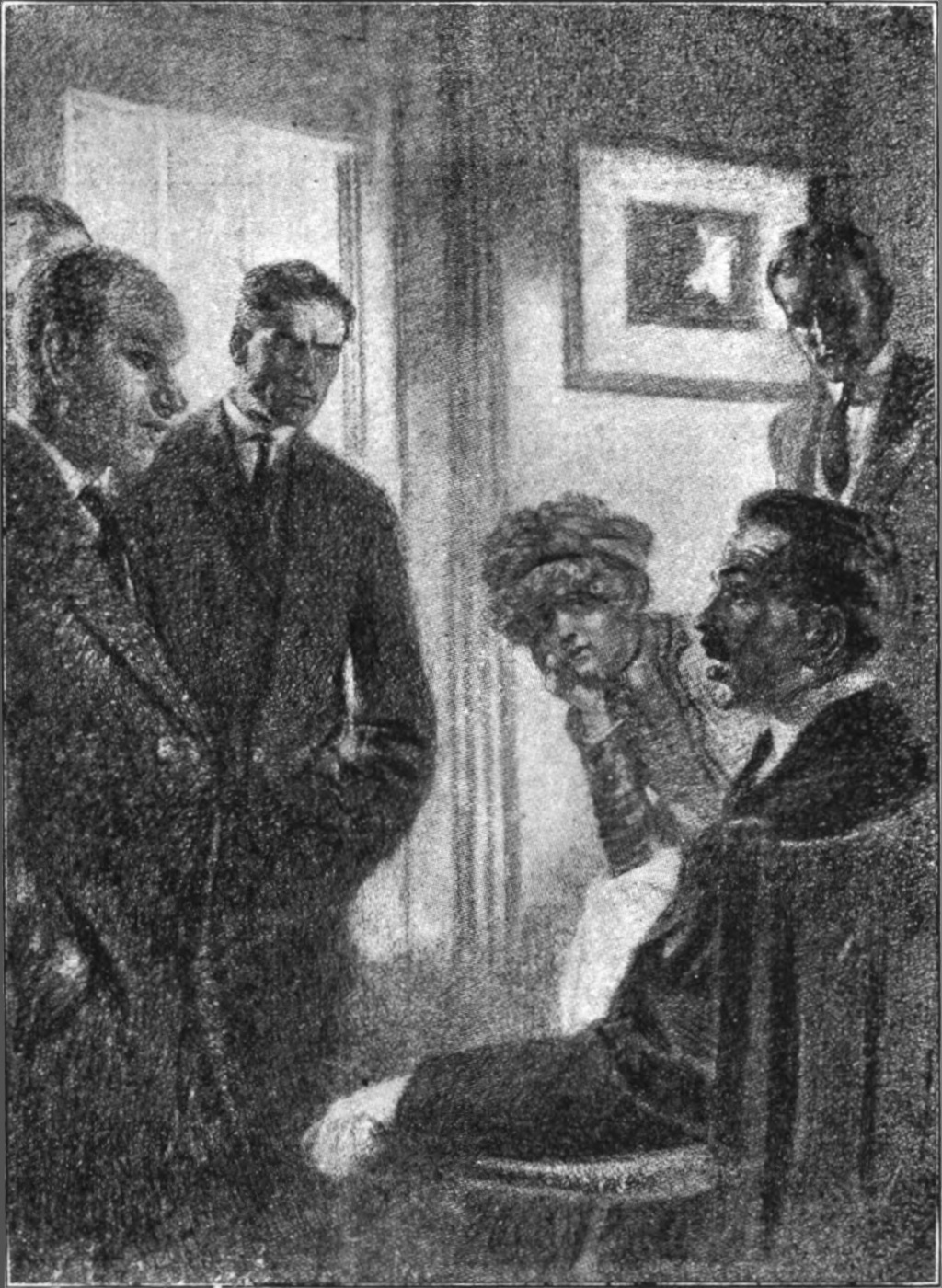 A gentleman seated in an armchair       looks on in consternation at a man standing before him with a       placid expression. Surrounding them are three other gentlemen       and a lady, all studying the seated gentleman carefully.