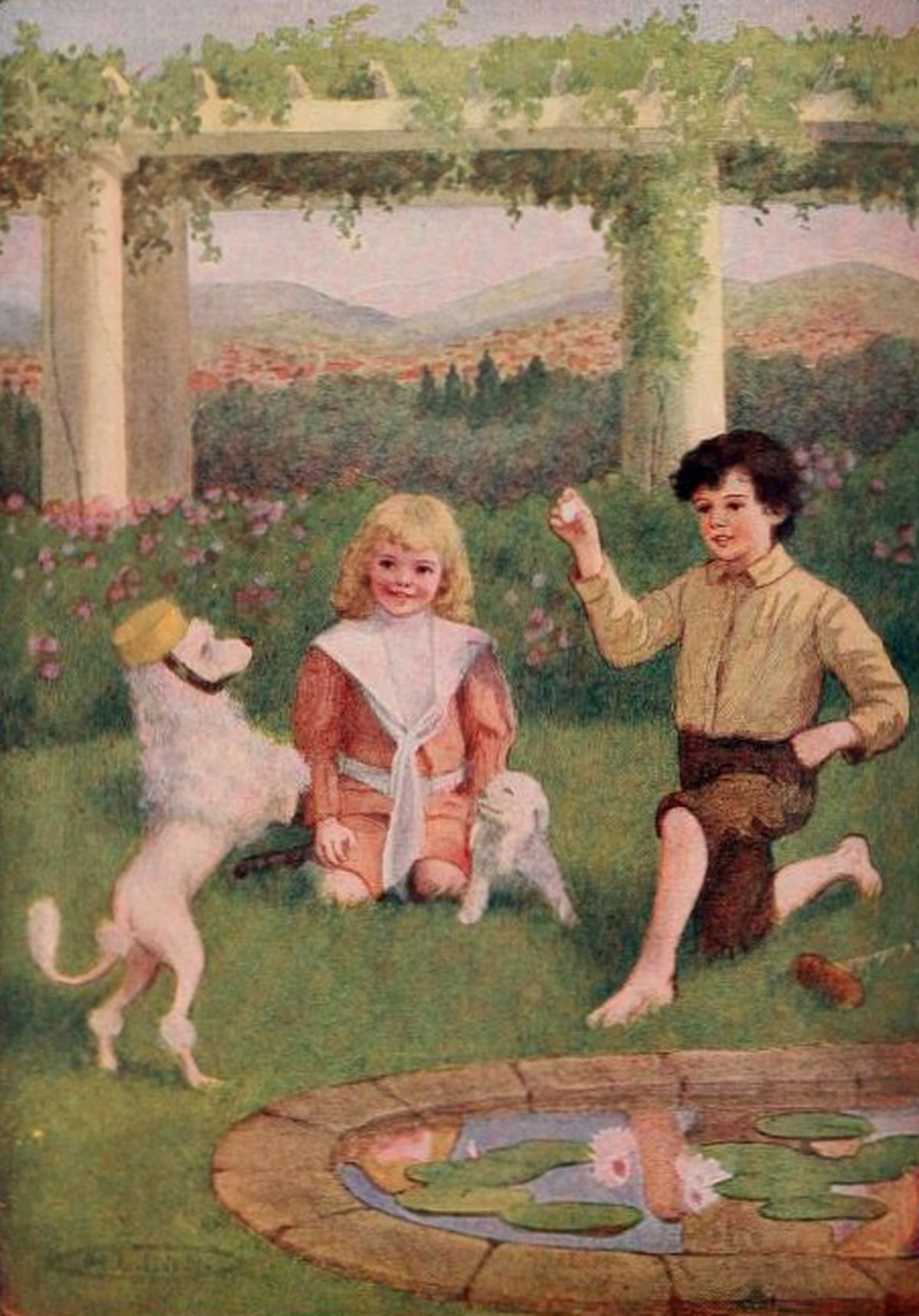 The image is a vintage-style illustration depicting two children and two dogs in a lush garden setting.