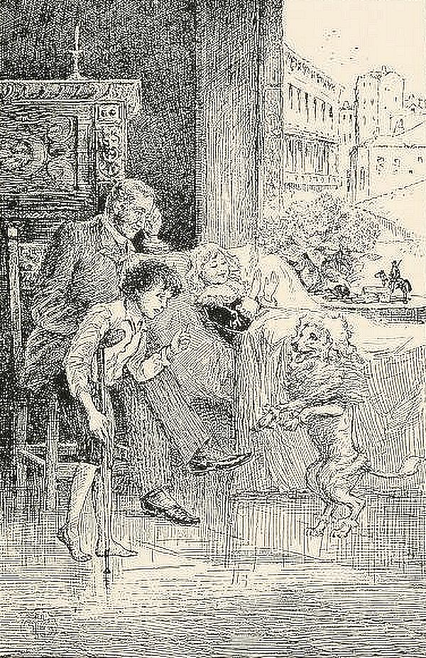 Three human figures are depicted in a dimly lit room. An elderly man sitting on a chair, leaning forward with an expression of curiosity. A boy with a crutch, bending slightly forward in fear. A girl is reclining in a bed, seemingly reacting to the scene. There is also a dog with mischievous expression.