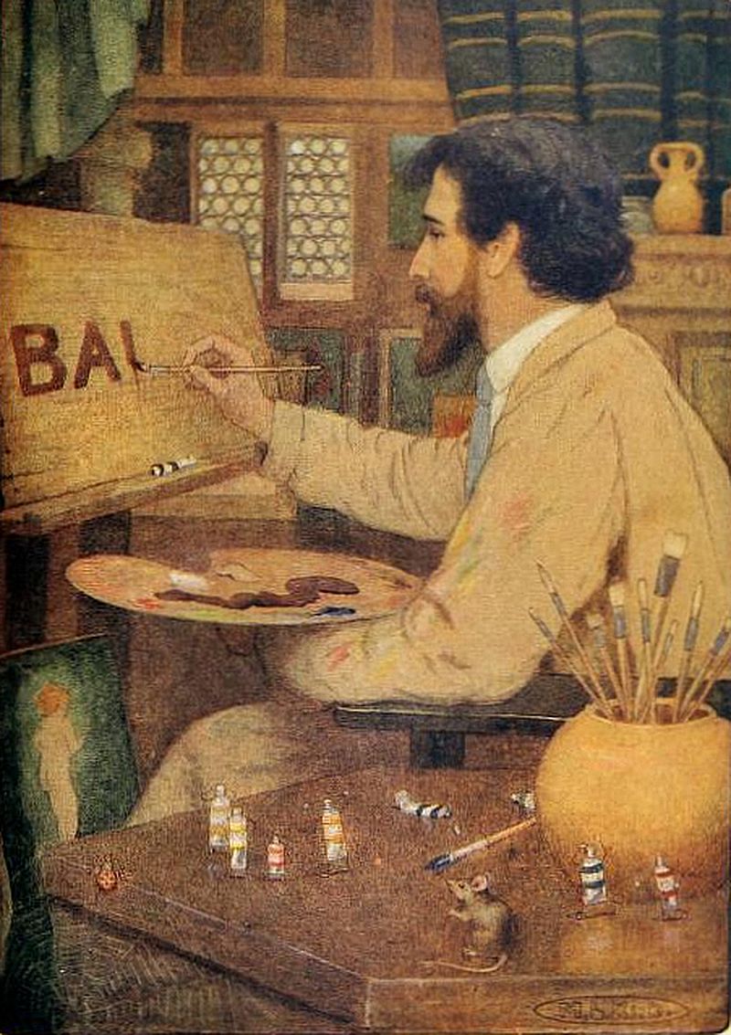 A bearded man is wearing a cream-colored smock with visible paint stains. He is seated and painting letters on a wooden sign, with the visible text reading BAL. He holds a paintbrush in his right hand and a wooden palette filled with paint on his left.