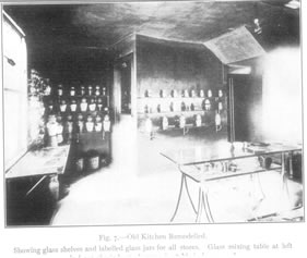 Fig. 7.—Old Kitchen Remodelled.
Showing glass shelves and labelled glass jars for all stores.
Glass mixing table at left (*remainder cut off).