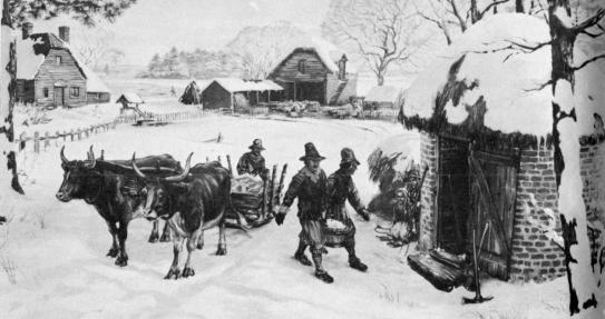 [Illustration: “Harvesting” ice, about 1650. Archeological excavations revealed that icehouses were built on the historic island over 300 years ago. (Painting by Sidney E. King.)]