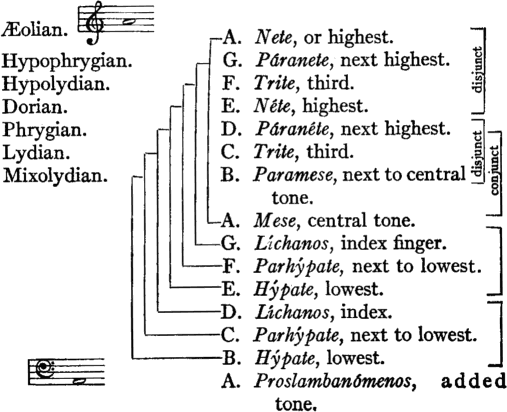 A.Nete,orhighest.
 G.Pranete,nexthighest.
 F.Trite,third.
 E.Nte,highest.
 D.Prante,nexthighest.
 C.Trite,third.
 B.Paramese,nexttocentraltone
 A.Mese,centraltone.
 G.Lchanos,indexfinger.
 F.Parhpate,nexttolowest.
 E.Hpate,lowest.
 D.Lchanos,index.
 C.Parhpate,nexttolowest.
 B.Hpate,lowest.
 A.Proslambanmenos,addedtone.