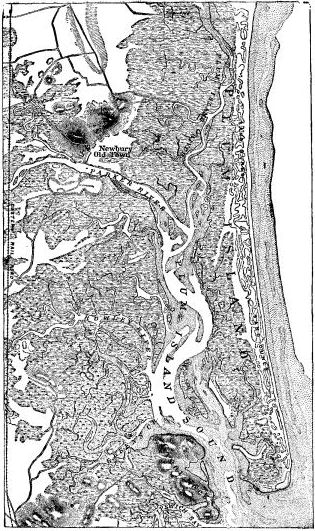 Fig. 19.—Map of Ipswich marshes, Massachusetts, formed
behind a barrier beach.