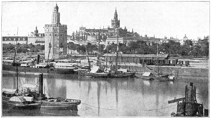 De gouden toren te Sevilla aan den oever van den Guadalquivir.