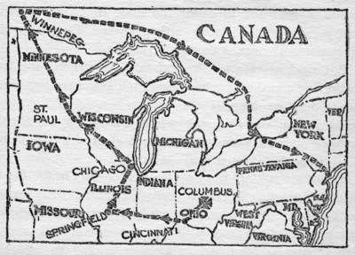 MAP SHOWING ONE OF THE CIRCUITOUS ROUTES BY WHICH NEWS OF THE FLOOD WAS CARRIED TO THE OUTSIDE WORLD