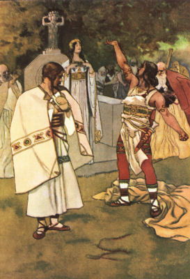 A woman dressed in white robes stands, surrounded by other people.
Two men stand in front of her. One, his cloak thrown to the ground, gestures
at the woman.