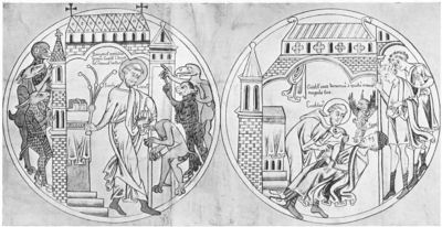 A scene from the Anglo-Saxon life of St. Guthlac by Felix of Crowland,
depicting the attack of the demons