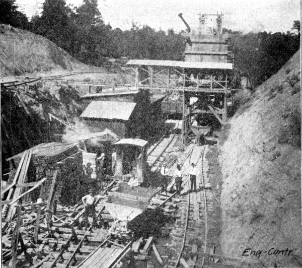 Fig. 139.—View of Mixer Plant Showing Car Tracks, Burton
Tunnel.