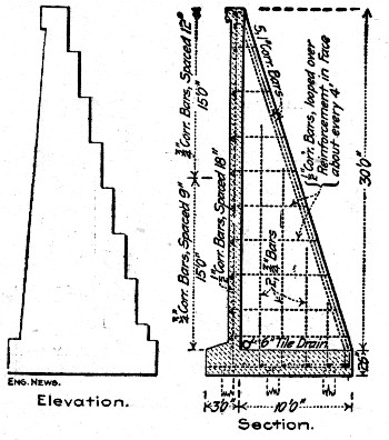 Fig. 98.—Comparison of Plain and Reinforced Sections for
Retaining Walls (C. E. Graff).