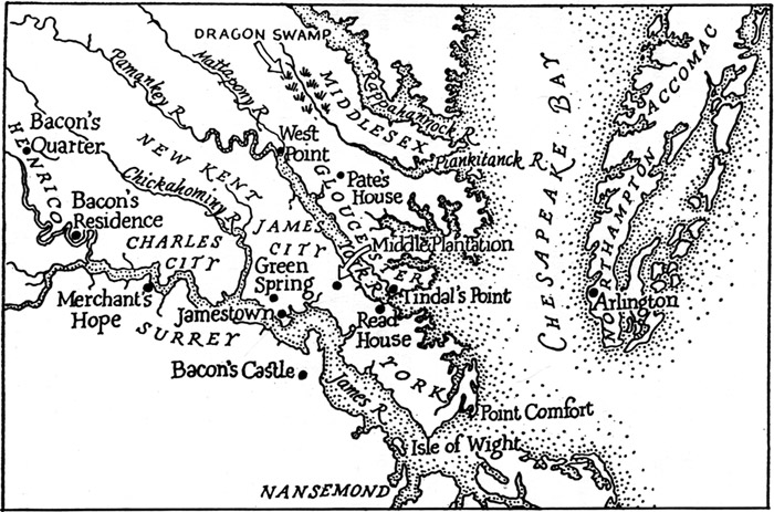 Map of Virginia at the time of Bacon's Rebellion