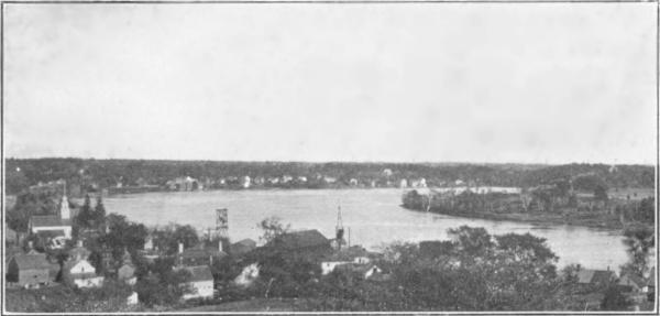 THE FERRY, SALISBURY POINT
Mouth of Powow in foreground at the right hidden by its own banks in
this picture. Hawkswood in distance at extreme right.