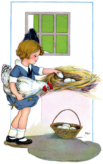 {Girl placing eggs in nest.}