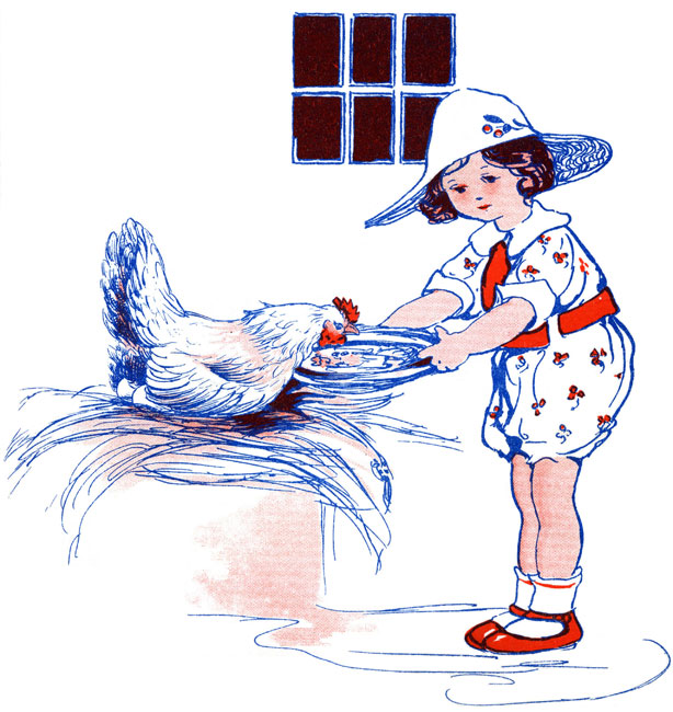 {Girl feeding hen in nest.}