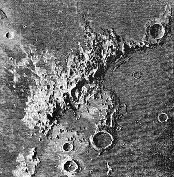 Fig. 7.

The Lunar Apennines.

(Copied by kind permission of MM. Henri from part of a
magnificent photograph
taken by them, March 29, 1890, at the Paris Observatory.)