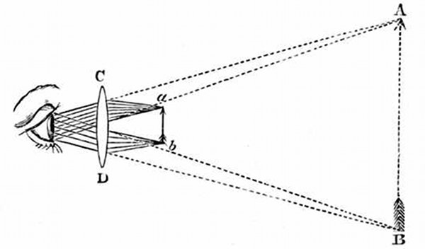 Fig. 13.

Arrow magnified by a convex lens.
a, b, Real arrow. C, D, Magnifying-glass. A, B, Enlarged
image of the arrow.