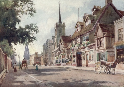 THE OLD CASTLE INN

Now styled “Ye Olde Castel Hotel.” The Baptist Church and the Police
Courts are seen just beyond, and the Roman Catholic Church in the
distance. The near trees are in the grounds of Emmanuel College.