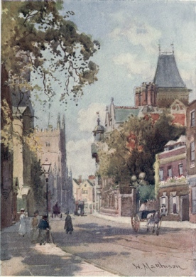 TRUMPINGTON STREET FROM PETERHOUSE

Part of the new buildings of Pembroke College are seen on the right, and
the Tower of the Pitt Press, commonly called by undergraduates “The
Freshers’ Church,” is seen in the distance. The entrance to Peterhouse
is behind the tree on the left of the picture.