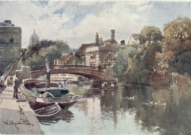 THE GREAT BRIDGE—BRIDGE ST.

This view is painted from the old Quay side. The water-gate of Magdalene
College is seen on the right, and in the distance is the Tower in the
New Court of St. John’s College rising above the tree-tops.