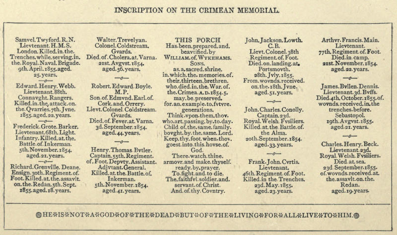 Samuel Twyford R.N. Lieutenant H.M.S. London. Killed in the 
Trenches while serving in the Royal Naval Brigade 9th April 1855
aged 25 years. Edward Henry Webb. Lieutenant 88th Connaught Rangers.
Killed in the attack on the Quarries 7th June 1855 aged 22 years.
Frederick Grote Barker. Lieutenant 68th Light Infantry. Killed at the
Battle of Inkerman 5th November 1854 aged 21 years. Richard Grenville
Deane. Ensign 30th Regiment of Foot. Killed at the assault on the
Redan 5th Sept 1855 aged 18 years. Walter Trevelyan. Colonel
Coldstream Guards. Died of Cholera at Varna 21st August 1854
aged 56 years. Robert Edward Boyle M.P. Son of Edmund Earl of
Cork and Orrery. Lieut. Colonel Coldstream Guards. Died of Fever
at Varna 3d September 1854 aged 44 years. Henry Thomas Butler.
Captain 55th Regiment of Foot Deputy Assistant Adjutant General.
Killed at the Battle of Inkerman 5th November 1854 aged 41 years.
THIS PORCH Has been prepared and beautified by WILLIAM of WYKEHAMS
Sons as a sacred shrine in which the memories of their thirteen
brethren who died in the War of the Crimea A.D. 1854-5 may be
preserved for an example to future generations. Think upon them
thou who art passing by to day. Child of the same family bought
by the same Lord. Keep thy foot when thou goest into this house of
God. There watch thine armour and make thyself ready by prayer.
To fight and to die. The faithful soldier and servant of Christ.
And of thy Country. John Jackson Lowth C.B. Lieut Colonel 38th
Regiment of Foot. Died on landing at Portsmouth 28th July 1855.
From wounds received on the 18th June aged 51 years. John Charles
Conolly. Captain 23d Royal Welsh Fusiliers. Killed at the Battle of
the Alma 20th September 1854 aged 33 years. Frank John Curtis.
Lieutenant 46th Regiment of Foot. Killed in the Trenches 23d May
1855 aged 23 years. Arthur Francis Main. Lieutenant 77th Regiment
of Foot. Died in camp 21st November 1854 aged 22 years. James
Bullen Dennis. Lieutenant 3d Buffs. Died 4th October 1855 of wounds
received in the trenches before Sebastopol 19th August 1855 aged
21 years. Charles Henry Beck. Lieutenant 23d Royal Welsh Fusiliers.
Died at sea 23d September 1855 of wounds received at the assault on
the Redan aged 19 years. HE IS NOT A GOD OF THE DEAD BUT OF THE
LIVING FOR ALL LIVE TO HIM.